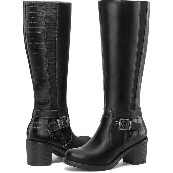 Women's Knee High Boots Chunky Block Heels Side Zipper Stretchy Elastic Panels - Picture 3 of 6